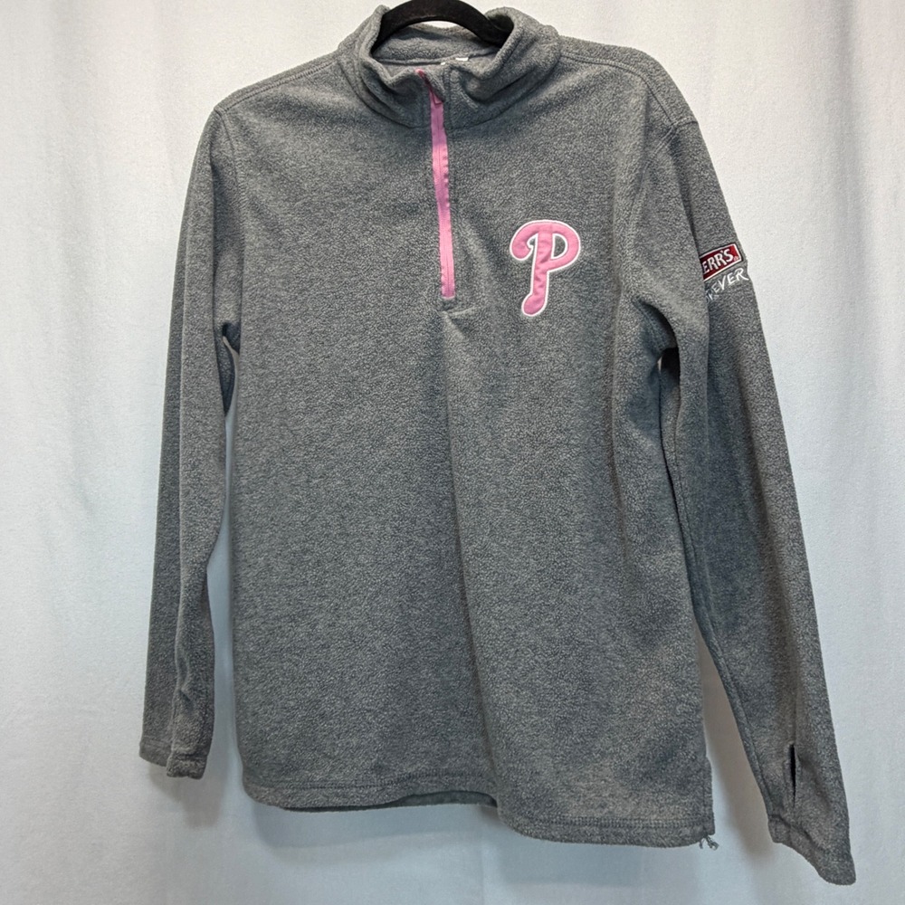 Phillies Fleece Pullover Women Small Gray Pink 1/4 Zip Thumbhole